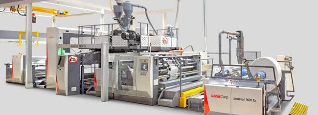 Extrusion coating line for woven fabric